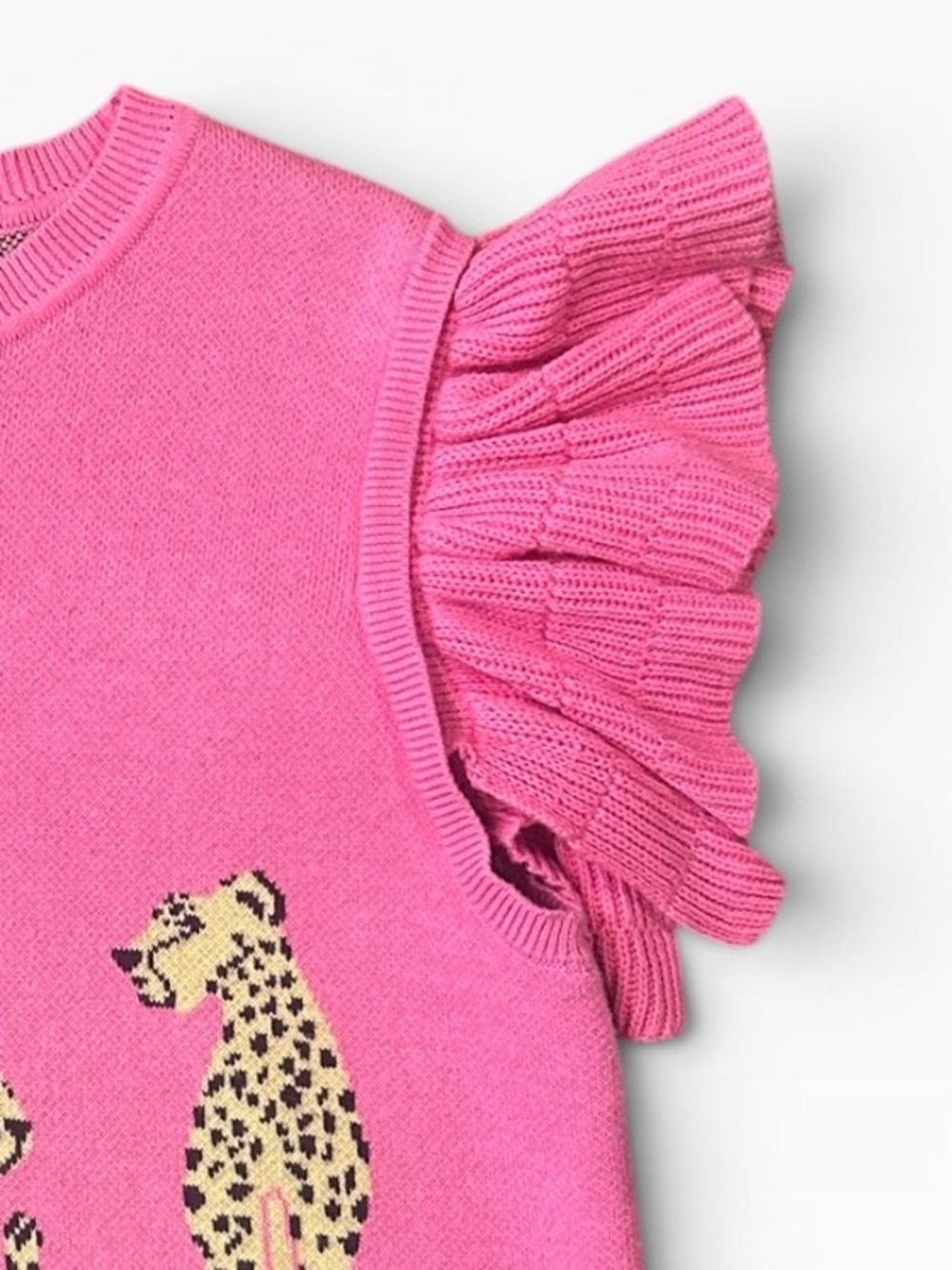 Entro Hot Pink Leopard Short Ruffle Sleeve Cotton Cropped Sweater Top Size Small - Picture 7 of 9